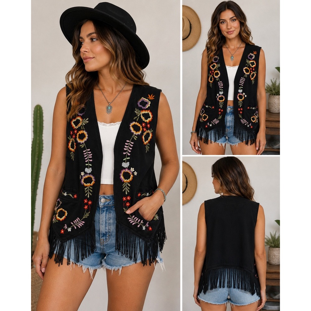 Vintage Joujou Beyond Basics Black Embroidered Floral Fringe Vest Boho Western L